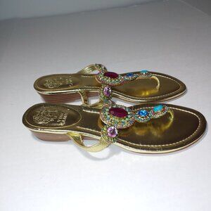 Vince Camuto Gold Leather With Multicolored Rhinestones Wedge Thong Sandals Sz 8